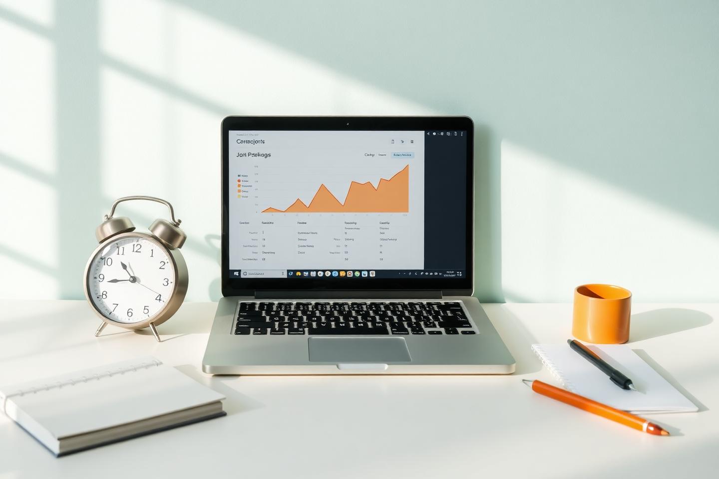 Desk with an alarm clock, planner and laptop showing an engagement chart